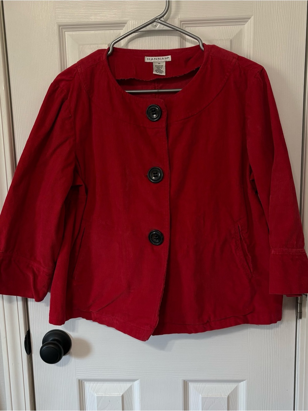 Red Corduroy Swing Jacket M 3 Large Black Buttons 3/4 Sleeves